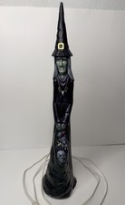 Vintage Lighted Ceramic Witch Skulls Lamp 20" Halloween Figurine Works