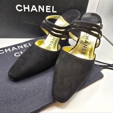 CHANEL Suede Mules Size 36 Black Gold Accents with Box and Dust Bags