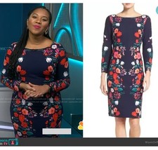 $138 10 Eliza J Dress Medium Blue Floral Sheath Pink Crepe  Lined On Tv