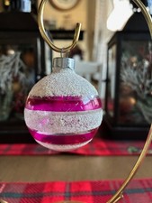 Vintage Shiny Brite Unsilvered Ornament Mica Striped WW ll Era-Pink-Made In USA