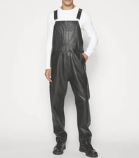 Mens Genuine Soft Black Leather Bib Overall Dungaree Jumpsuit Suit Uniform Dress