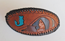 Hair Barette VTG Tooled Braided Leather Monogrammed J Southwest Western