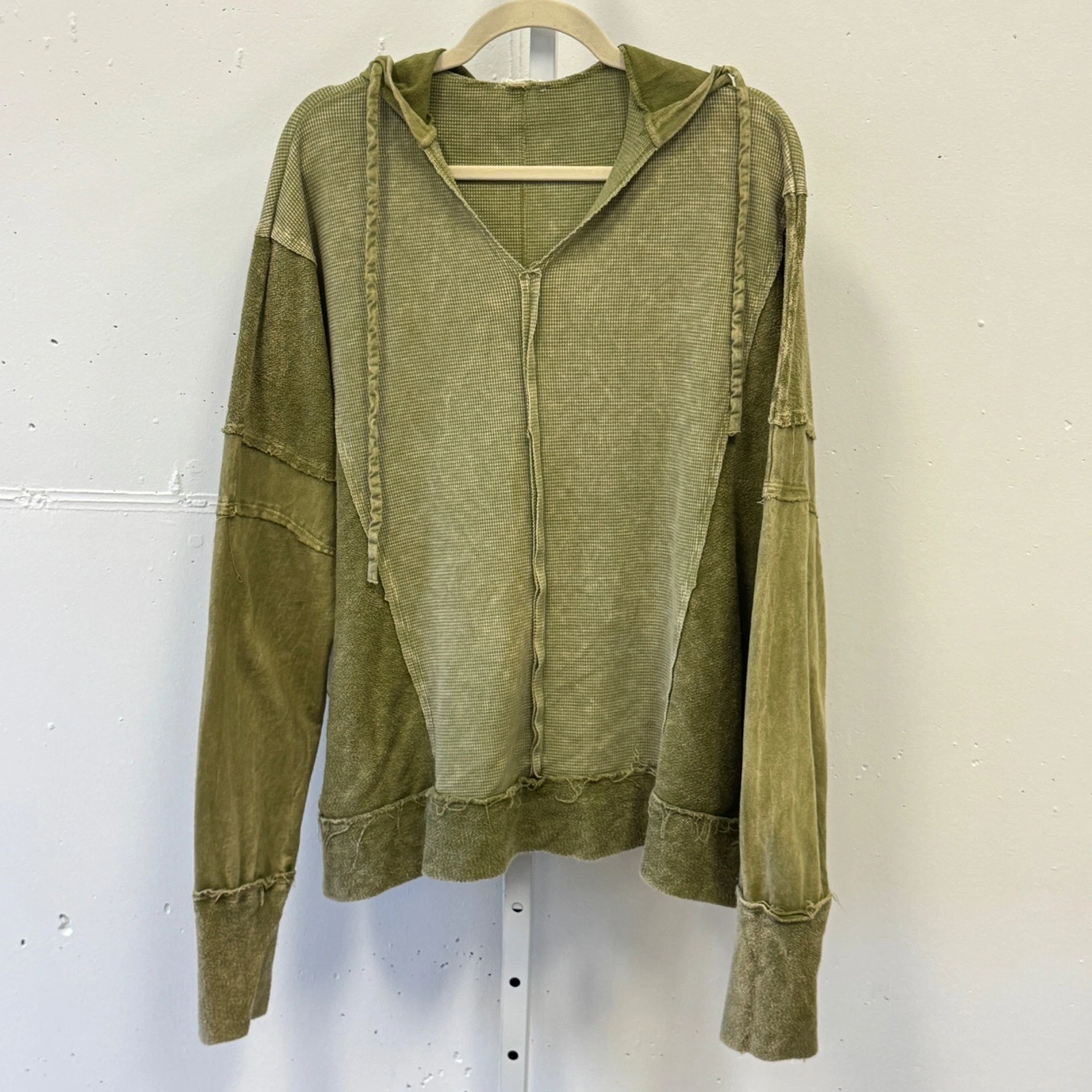 J.HER Olive Green Mixed Media Thermal Waffle Knit Hoodie Oversized Distressed Lg
