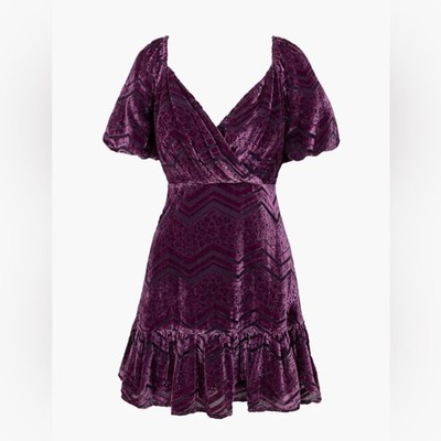 EUC Purple Dress Adelyn Rae Sasha Velvet Burnout Mini Dress Puff Sleeve Babydoll