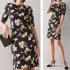 WHBM Black Anthurium Tossed Floral Elbow Sleeve Sheath Dress sz 8 Boat Neck