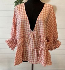 Women’s Size 10 ASOS Pink And Cream Plaid V-Neck Blouse