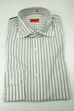 Isaia Light Brown White Striped Long Sleeve Cotton Dress Shirt 15.5/39 NEW