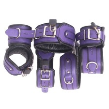Genuine Leather Bondage Restraint Set 7Pc Padded Wrist Ankle Thigh Cuffs Collar