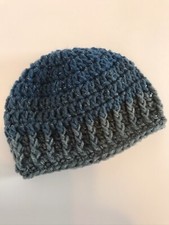 Handmade Blue Gray Crochet Beanie Hat BABY BOY Gift Newborn Infant 0-3 months