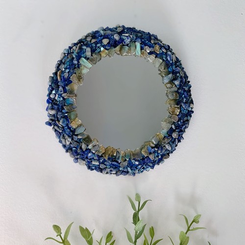 18" Lapis Lazuli & Labradorite Round Gemstone Mirror – Crystal Wall Deco - Picture 2 of 3