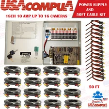 POWER SUPPLY & 50 FT VIDEO POWER CABLE KIT CCTV BNC FOR SECURITY CAMERA KIT