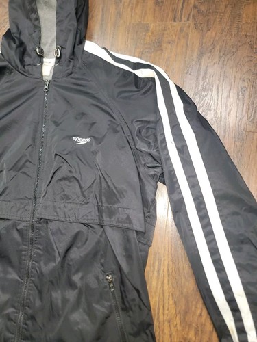 Speedo Fleece Lined Parka Jacket Black W/ White Stripes - Warm Up Robe Sz Medium - Picture 11 of 14