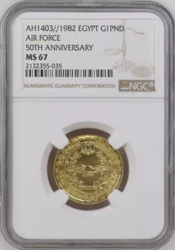 EGYPT , GOLD 1 POUND 50TH ANNI. OF THE AIR FORCE 1982 - NGC MS 67 , RARE14