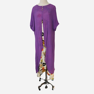 lagenlook maxi dress Womens Lagenlook Maxi Dress Size 1XL Purple Ivory Cotton Blend Tropical  Layered