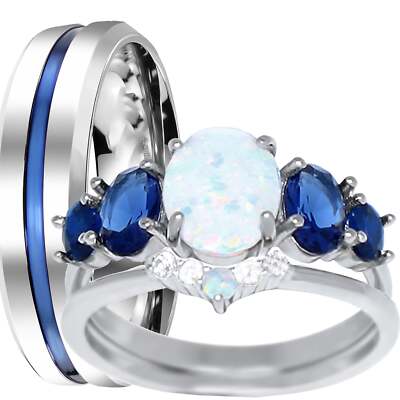 Lab White Opal His Her Wedding Engagement Ring Set for Men Women Bride Groom