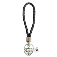 Custom Mimi Silver Heart Black Leather Key Chain Grandmother Gift Initial