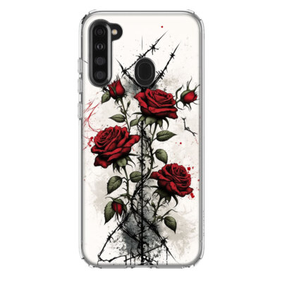 For Samsung Galaxy A21 Shockproof Hybrid Case, Gothic Barbed Wire Red Roses