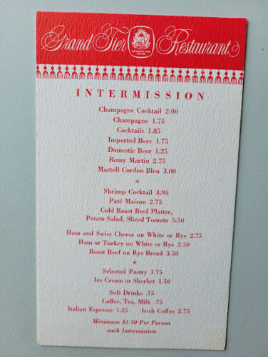 1974 Grand Tier Restaurant Metropolitan Opera New York City Menu Original