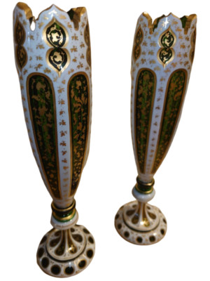 Western Antique 1880s Bohemia Glass Vase Gold Arabesque Pattern Height 10.2 in