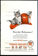1946 TECACO advertisement, Fire-Chief gasoline, Fireman’s helmet with kitten