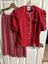 VNT Leslie Fay 2 PC Skirt Set Med 8 Red White Polka Dots Pleated Granny Blazer