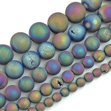 Frosted Gemstone Matte Rainbow Peacock Druzy Agate Round Bead 15