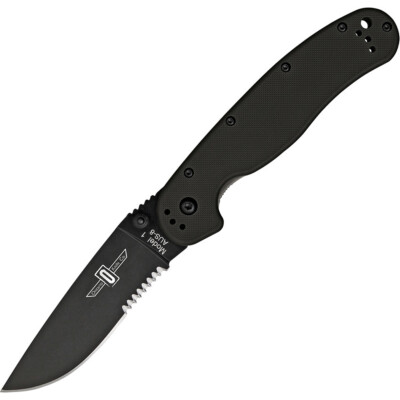 Ontario RAT-1 Einhandmesser mit schwarzer Klinge, part. Sägezahnung, Nylongriff