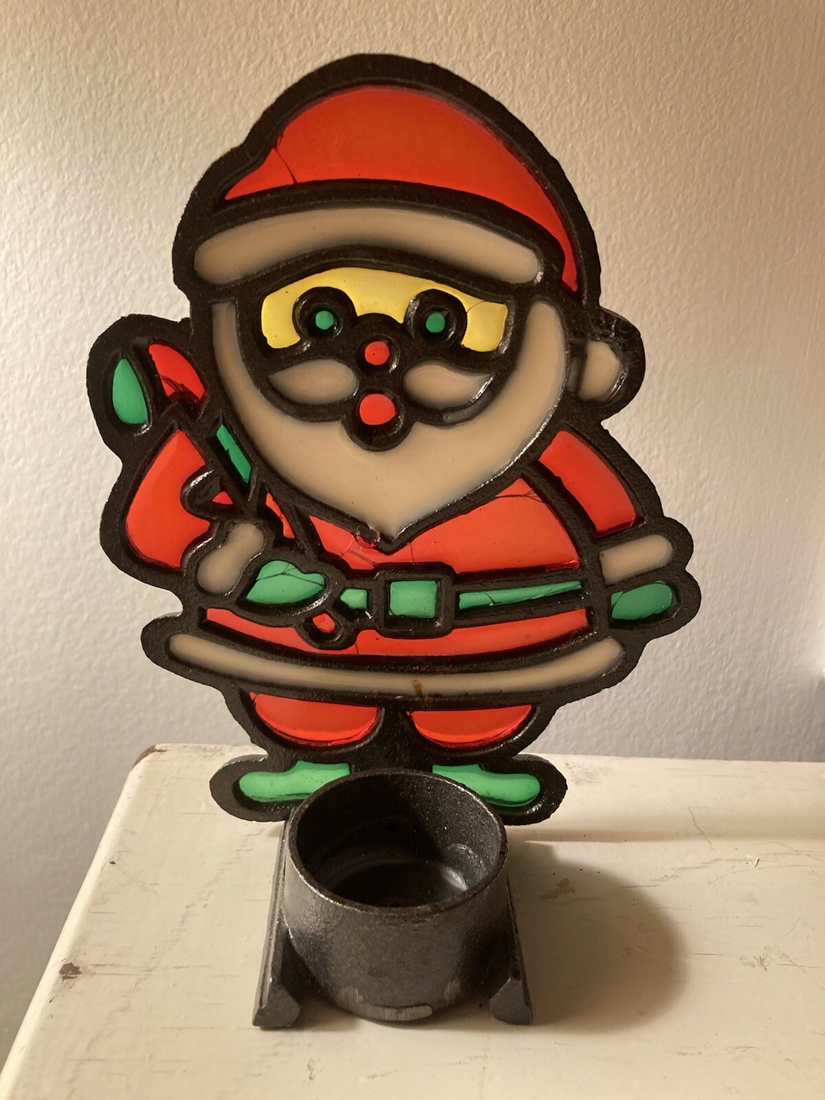Vintage Tiffany Style Candle Holder Christmas Santa Stained Glass