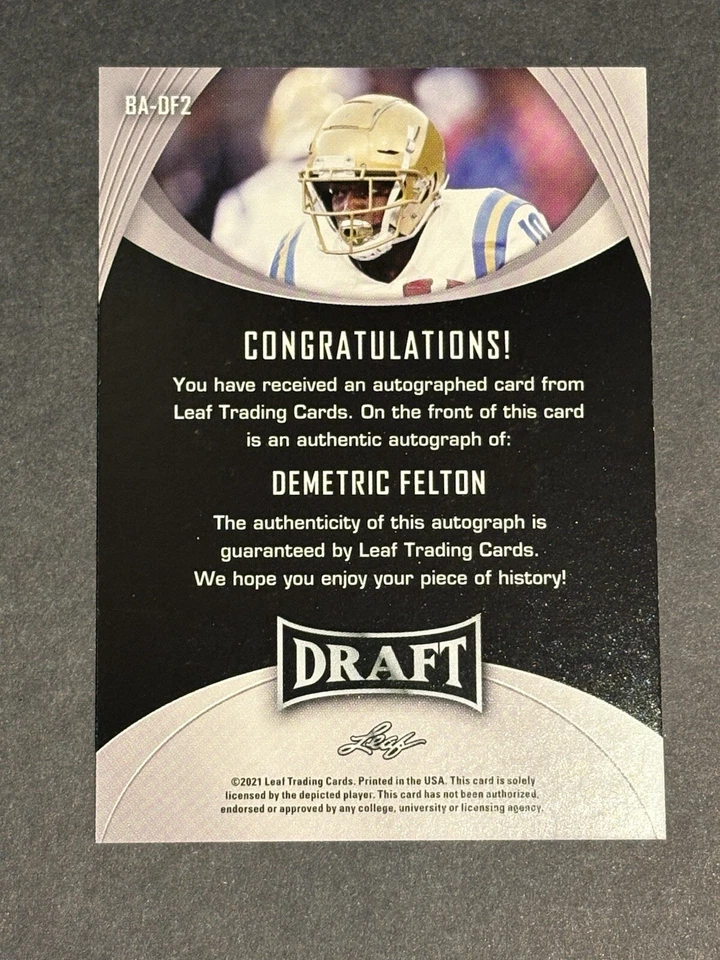 Demetric Felton Auto 2021 Leaf Draft BA-DF2 Green Parallel Rc Rookie - Image 2 of 3