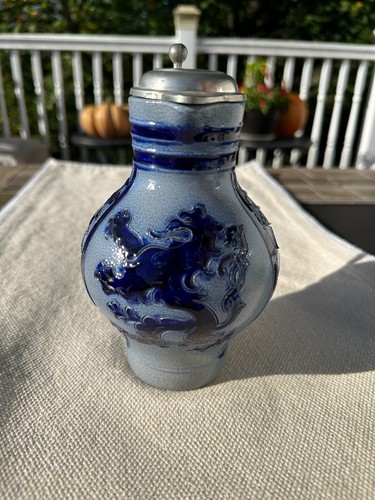 Reinhold Merkelbach Germany Blue Salt Glaze Lidded Beer Stein Tankard - Picture 2 of 8