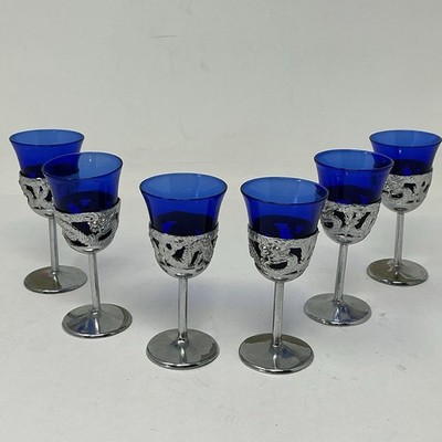 Vintage Nikko Japanese Cobalt Blue Dragon Sake Glasses Set 6 Silver Plated Cups