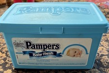 VTG Pampers Baby Wipes Baby Fresh Blue Plastic Container Full Of Perm Curlers
