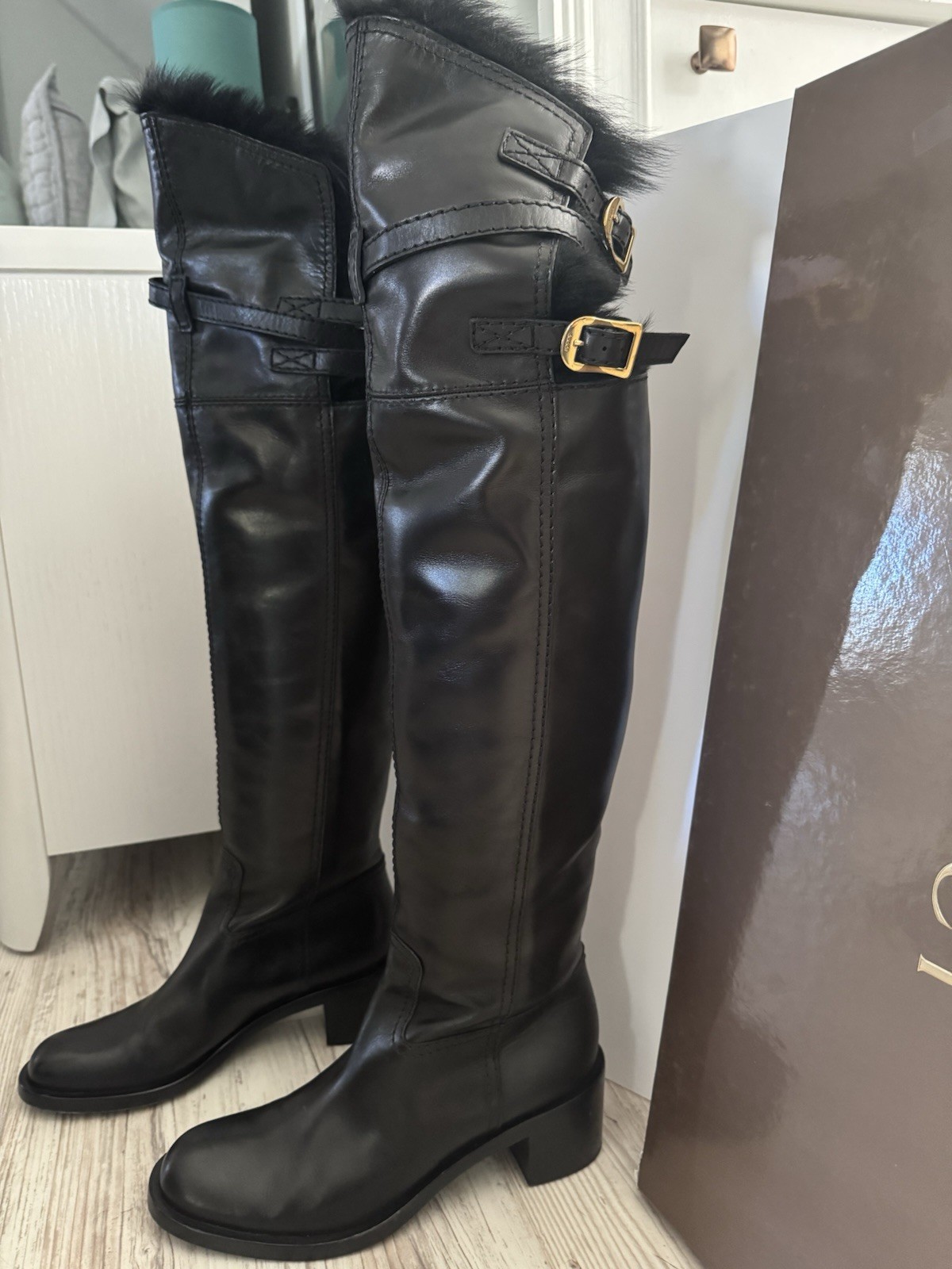 Gucci 228449 Fur Lined Black Leather Tall Boots Size 39 US 8.5 Box Dustbag image 2