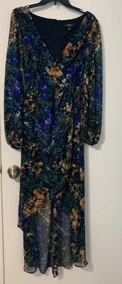 GUESS Floral Wrap Midi Dress Size 6 V-Neck Long Sleeve Chiffon Ruffle
