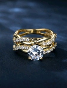 Authentic 2pc Gold-Plated Twist Pattern Rings Colorless Round CZ and Inlay Size 9