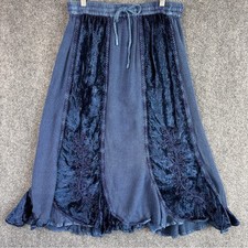 Vintage embroidered midi skirt L blue velvet Gypsy boho renaissance whimsigoth