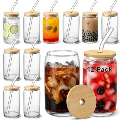 [ 12Pcs Set ] Glass Cups with Bamboo Lids and Glass Straw - Beer Shaped Drinking