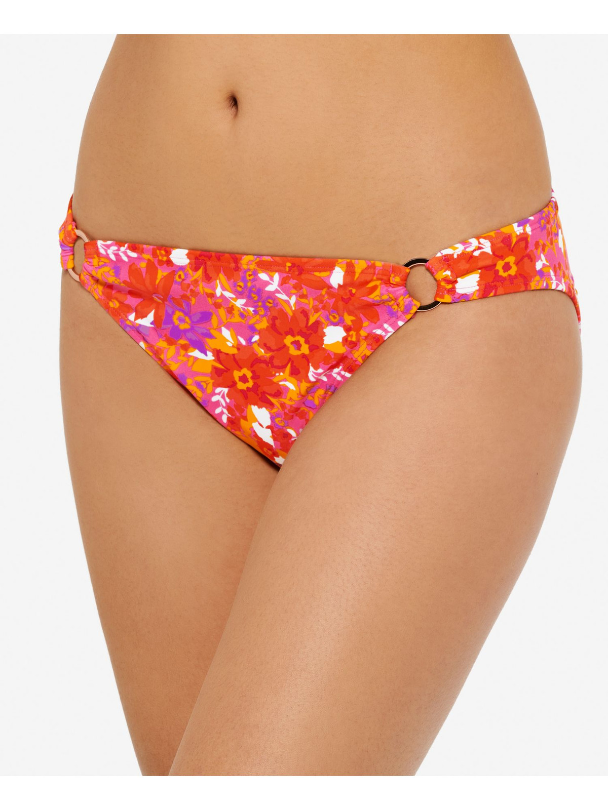 Bold Orange Ring Detail HULA HONEY Women's Hipster Swimsuit Bottom XS Floral Print