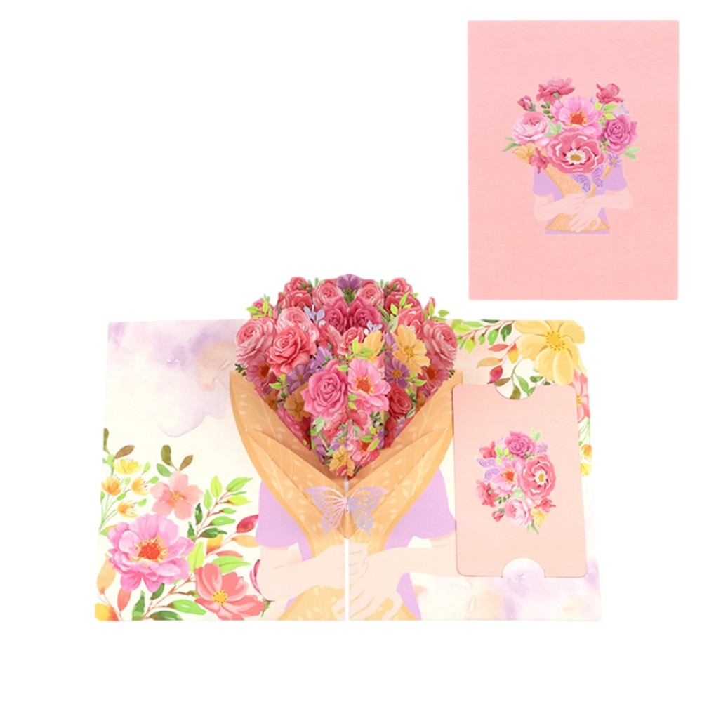 Pastel Pink Bouquet in Hands 3D Pop Up Greeting Card - Mother's Day Anniversary