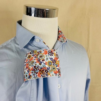 TM Lewin Mens 15.5 34.5 Fitted Dress Shirt Light Blue Floral Flip Cuffs Cotton