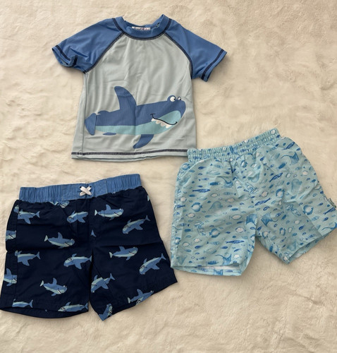 FreeStyle Boys Shark Swim Set 3pc Rash Guard Shorts Size 12 Months Blue