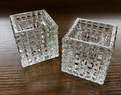 Set of 2 Art Glass Square Optic Taper Candle Holder Cubes 2.5  Heavy Clear Glass