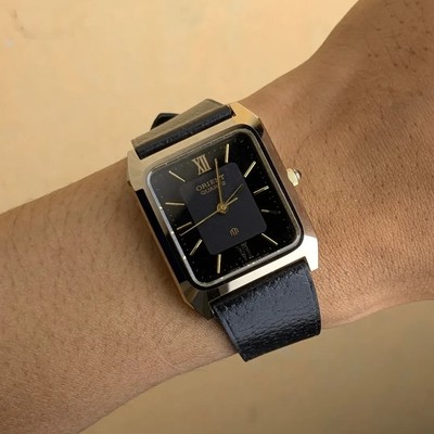 Rare Orient Rectangular Quartz I515447-40 Black Dial Square From 1980s Watch Men