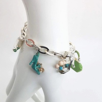 Fashion Charm Bracelet Silver Tone Green Purse Teal Shoe Beaded Toggle Clasp