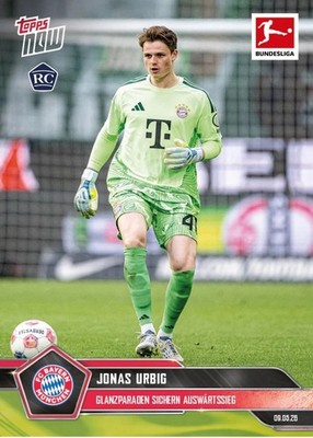 2025-26 Topps Now Bundesliga #190 Jonas Urbig Glanzparaden sichern