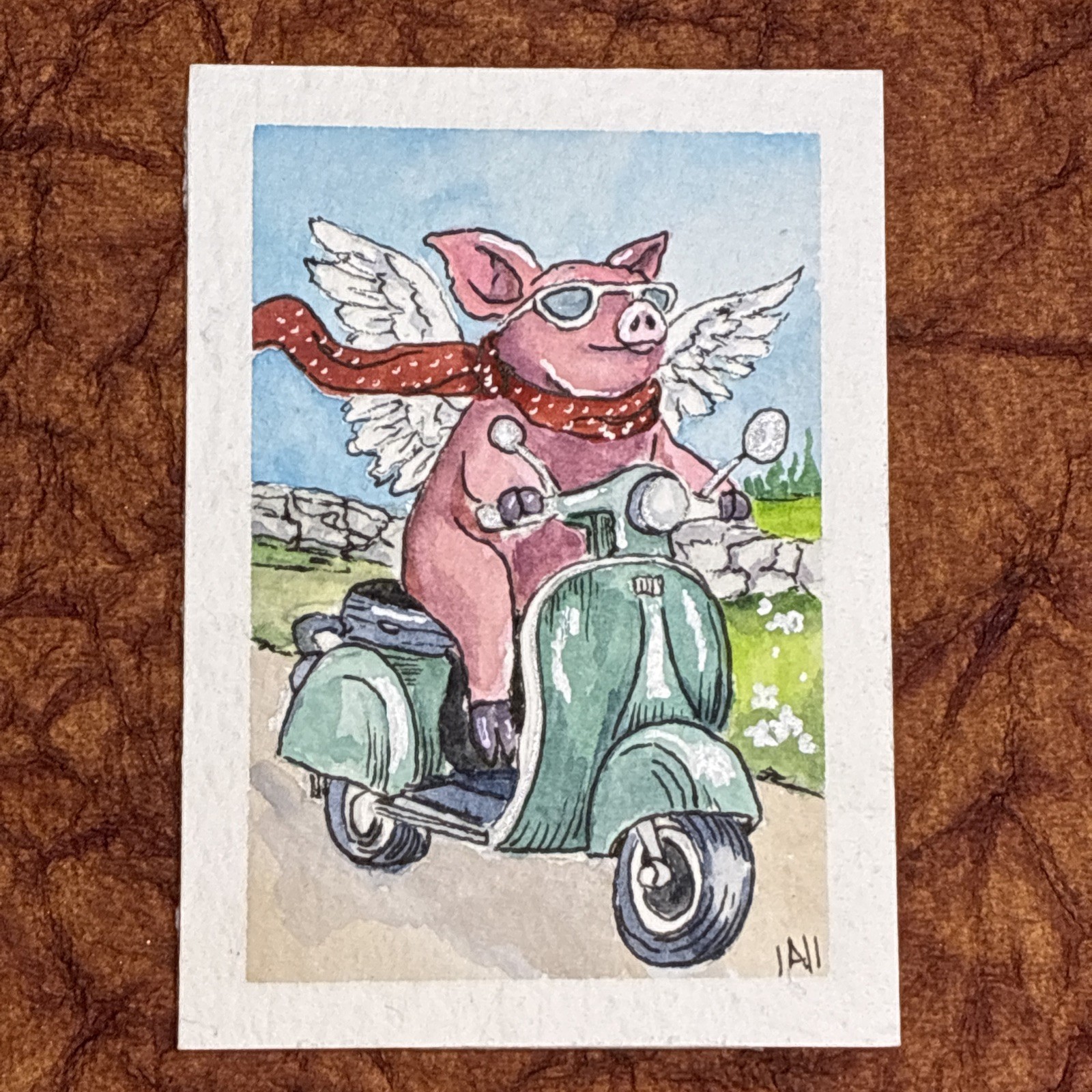 ACEO Original Art Card Watercolor/Ink signed by Alycia Neighbours “Flying Pig”