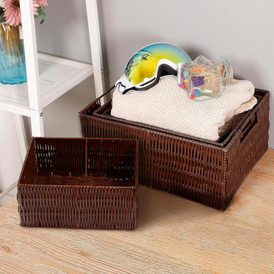 Plastic Wicker Basket Set of 4, Handmade Storage Basket for Organizing with H...