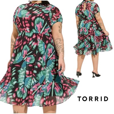 NEW Torrid Chiffon Green and Pink Ruched Midi Dress Fit and Flare Sz 3 20