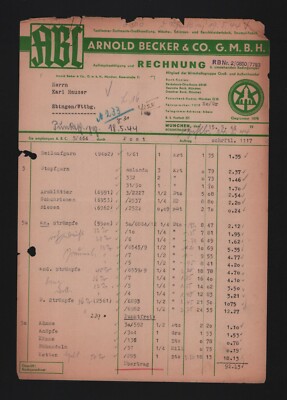 Munich, invoice 1944, Arnold Becker & Co. GmbH textile goods wholesaler
