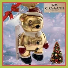 Coach Gold Teddy Bear 3D Keychain Metal Santa Bear Bag Charm C7099 NWT